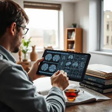 Person studying brain scans and neurological diagrams