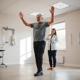 Ein Mann macht Gleichgewichtsübungen zur Rehabilitation, unterstützt von einem Therapeuten.