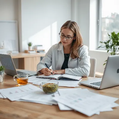 Leonie Müller writing in a notebook surrounded by neurological research papers and a laptop