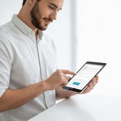 User submitting online form on tablet